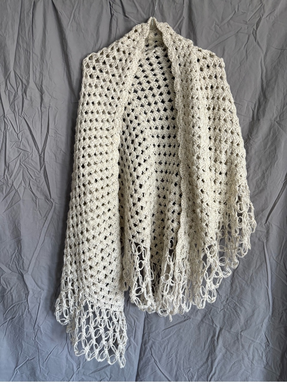 Handmade Crochet Shawl in Light Beige with Fringe